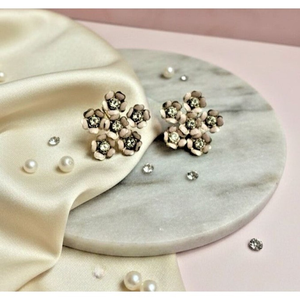 Vintage Floral Rhinestone Screwback Earrings Pink 1 Inch